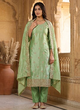 Green Silk Embroidered Straight Pant Suit