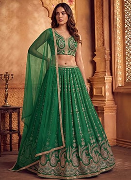 Green Silk Embroidered Stunning Lehenga