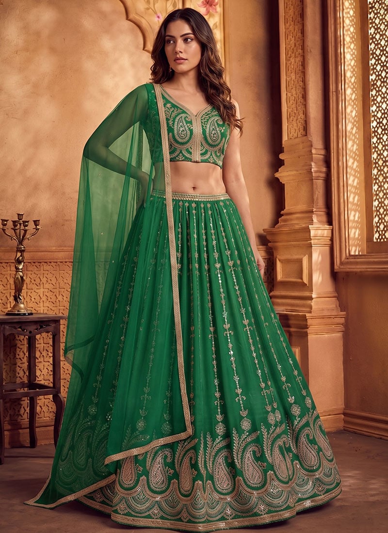 Green Silk Embroidered Stunning Lehenga Wedding Wear