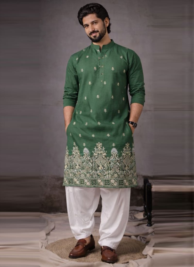 Green Silk Embroidered Thread Kurta Pyjama Festive Wear