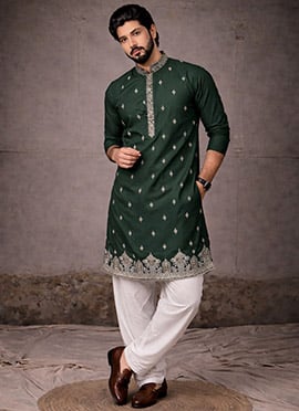 Green Silk Embroidered Thread Kurta Pyjama