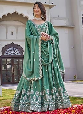 Green Silk Embroidered Umbrella Lehenga