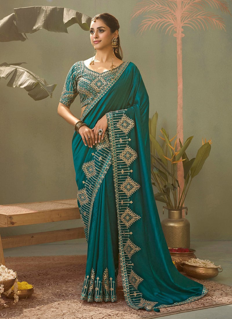 Green Silk Embroidered Zari Gota Resham Saree Wedding Wear