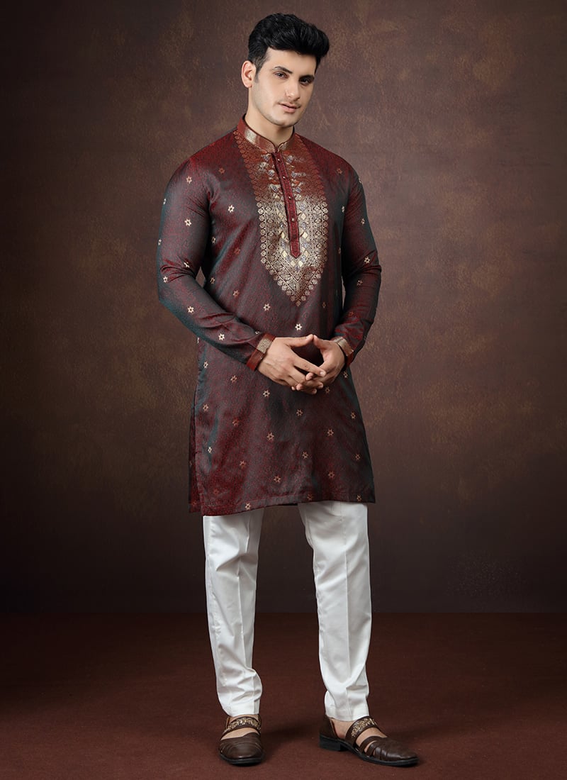 Green Silk Embroidered Zari Kurta Pyjama Festive Wear