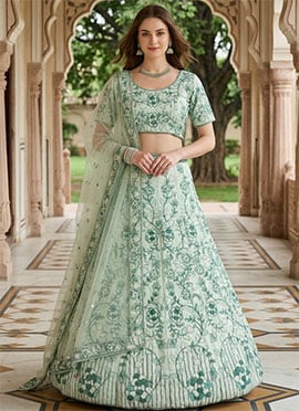 Green Silk Embroidery Sequins Lehenga