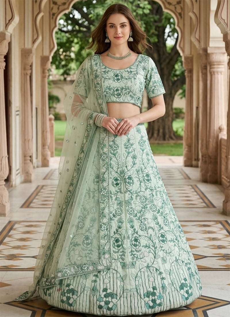 Green Silk Embroidery Sequins Lehenga Wedding Wear