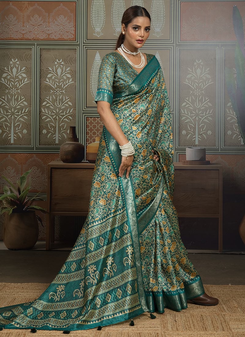 Green Silk Floral Printed Saree Festive Wear