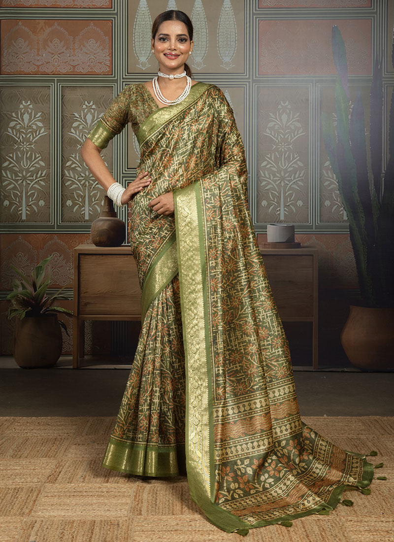 Green Silk Floral Printed Saree Festive Wear