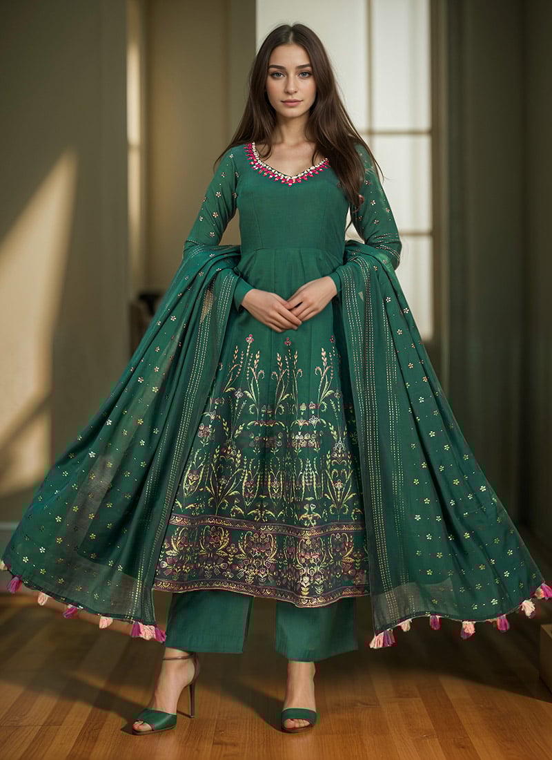 Green Silk Foil Print With Mirror Work Anarkali Suit