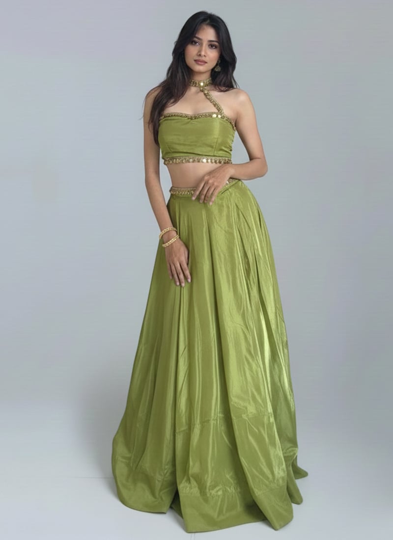 Green Silk Flared Lehenga Set Wedding Wear