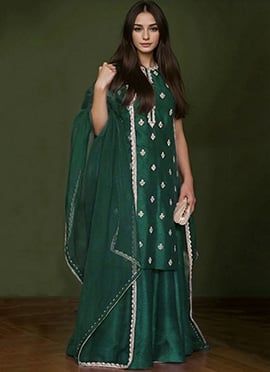 Green Silk Hand Embroidered And Zardosi Palazzo Suit