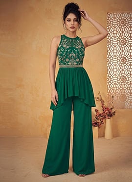 Green Silk Hand Embroidered Beads And Stones Indowestern Asymmetric Palazzo Set