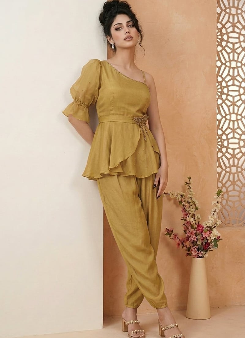 Green Silk Hand Embroidered Cut Dana Sequins Indowestern Peplum Palazzo Set After Six Wear