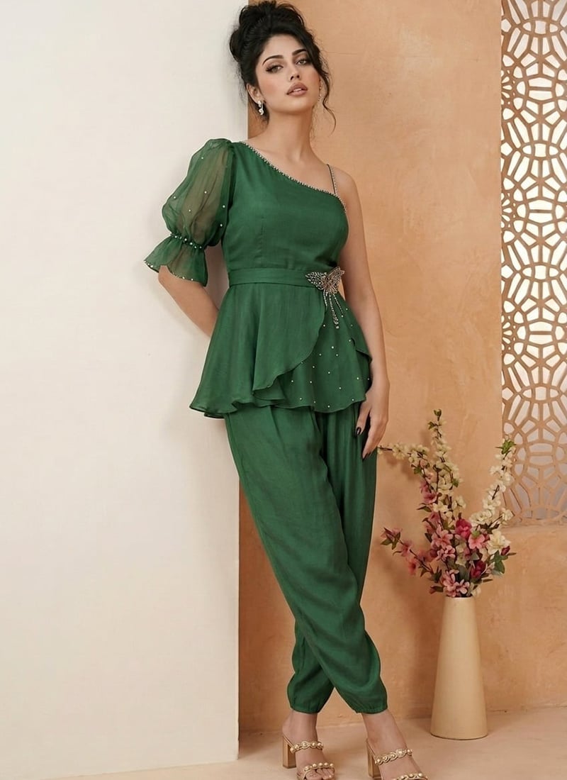Green Silk Hand Embroidered Cut Dana Sequins Indowestern Peplum Palazzo Set After Six Wear