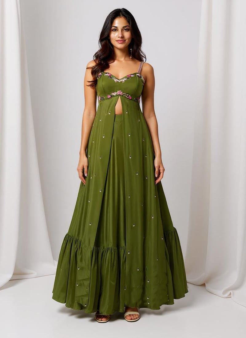 Green Silk Hand Embroidered Hand Embroidered Sequins With Moti Indowestern Skirt Set Wedding Wear
