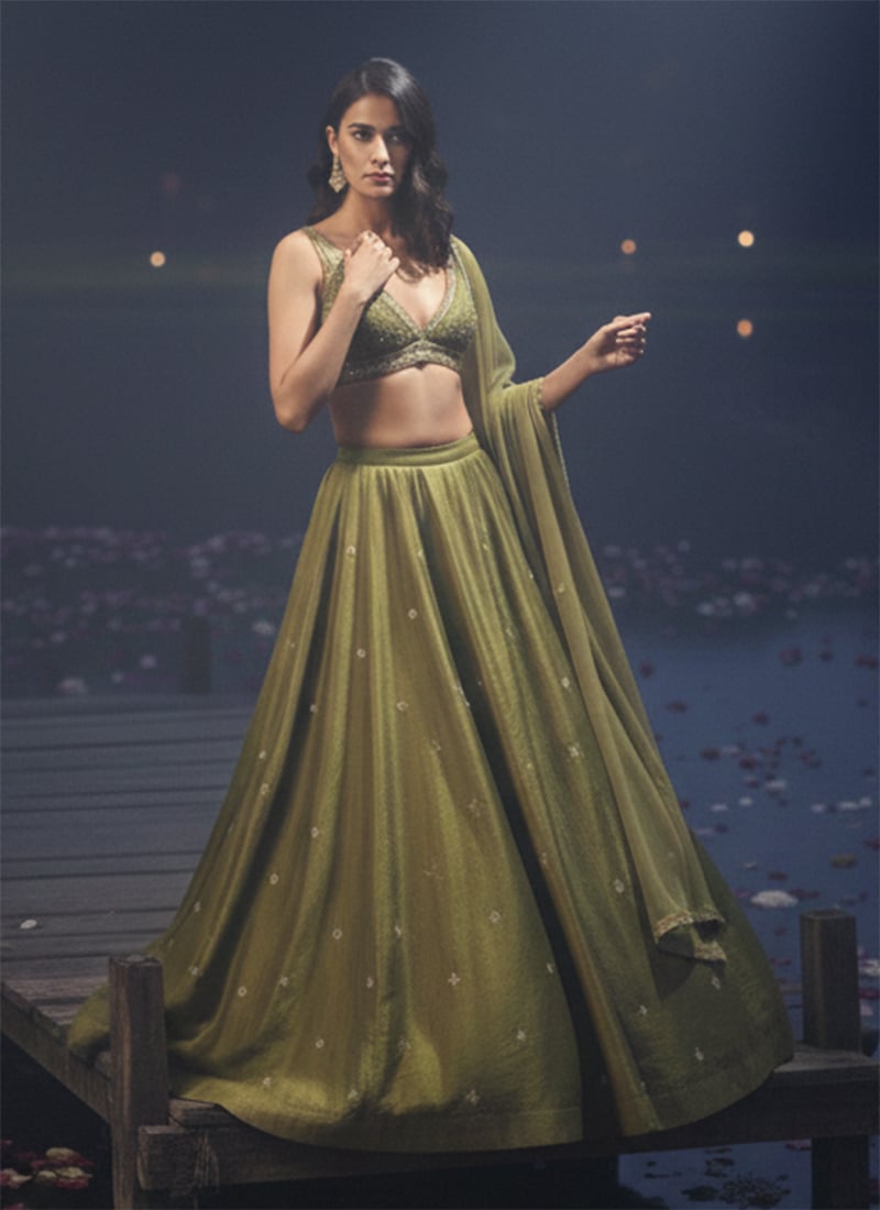 Green Silk Hand Embroidered Lehenga Wedding Wear