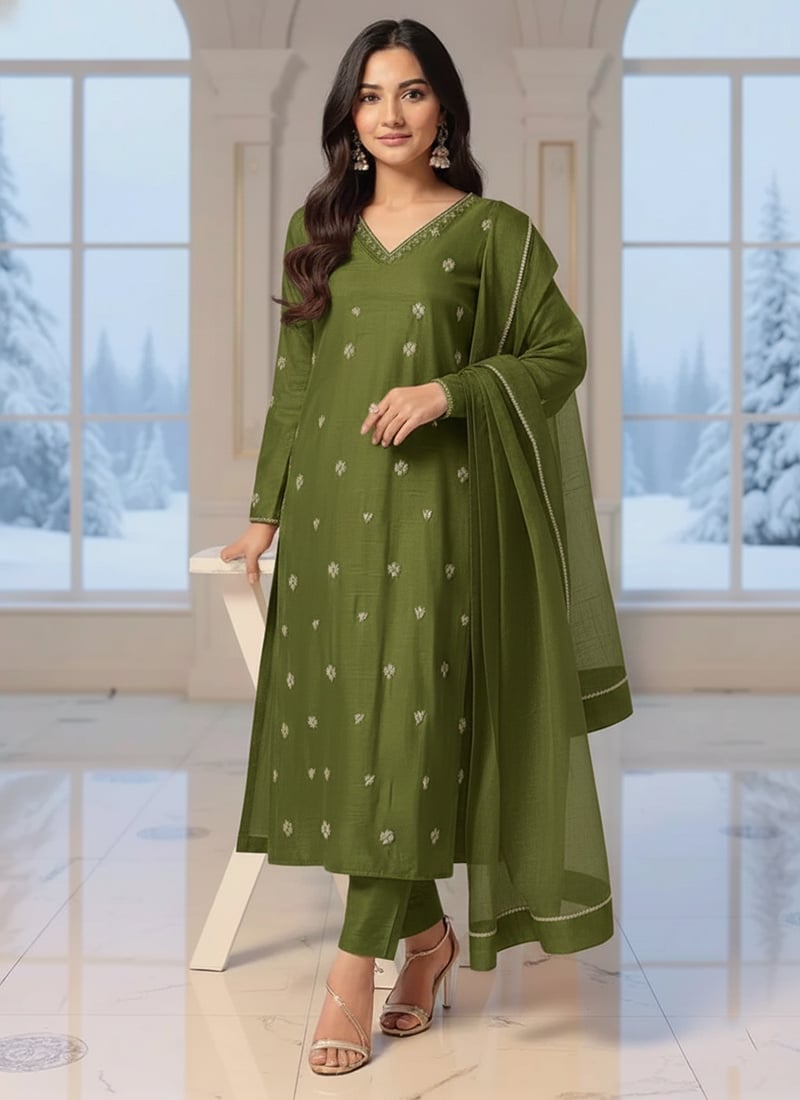 Green Silk Hand Embroidered Moti Stones Straight Pant Suit Festive Wear