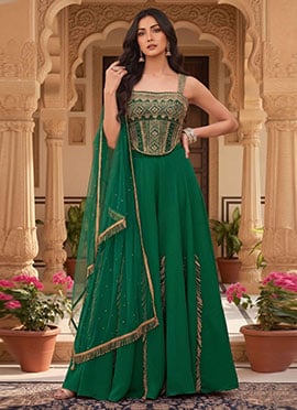 Green Silk Hand Embroidered Sequins Palazzo Suit