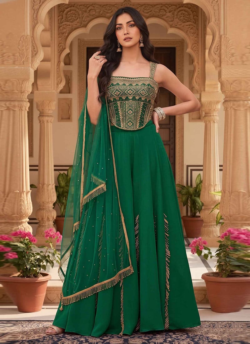 Green Silk Hand Embroidered Sequins Palazzo Suit Wedding Wear