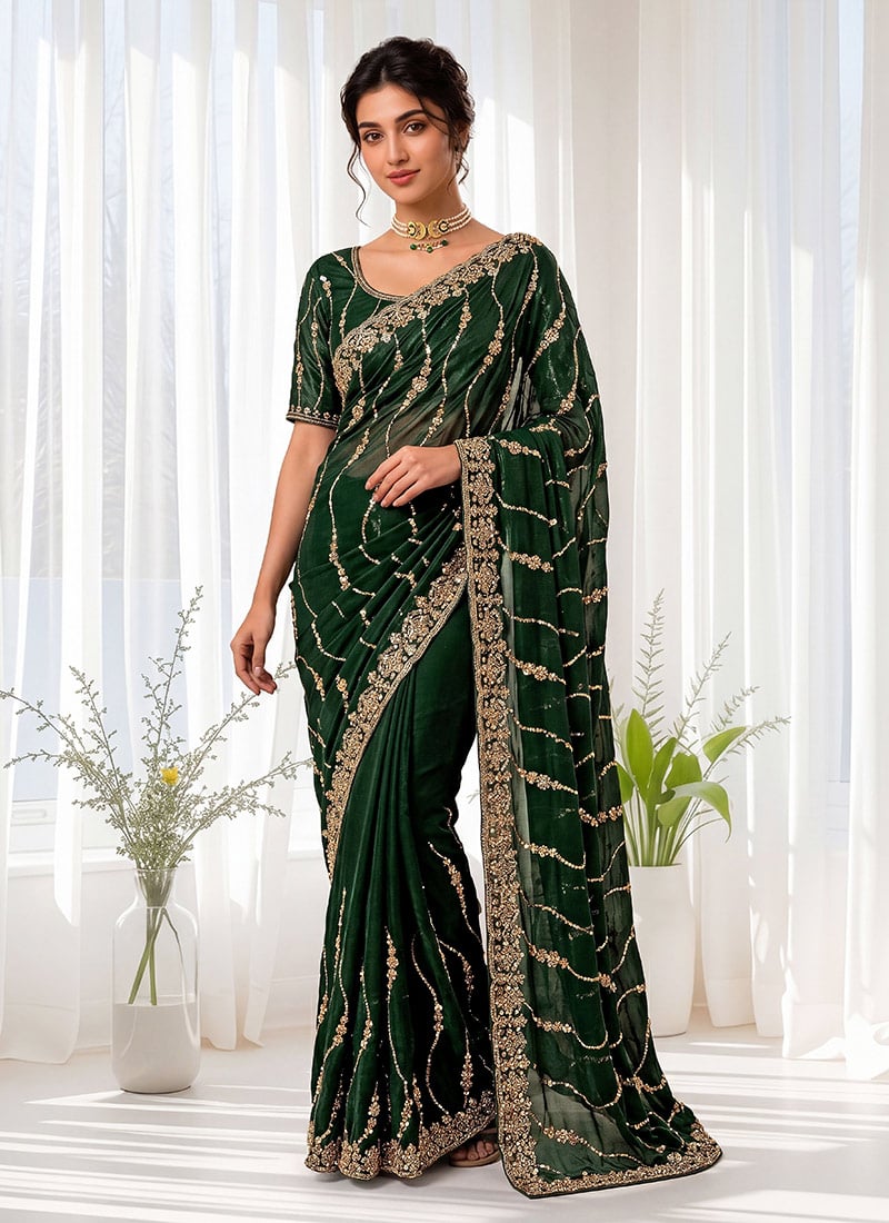 Green Silk Hand Embroidered Sequins With Stone Cutdana Work Saree Festive Wear
