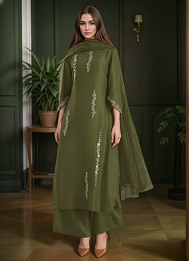 Green Silk Hand Embroidered Stones Zari Palazzo Suit
