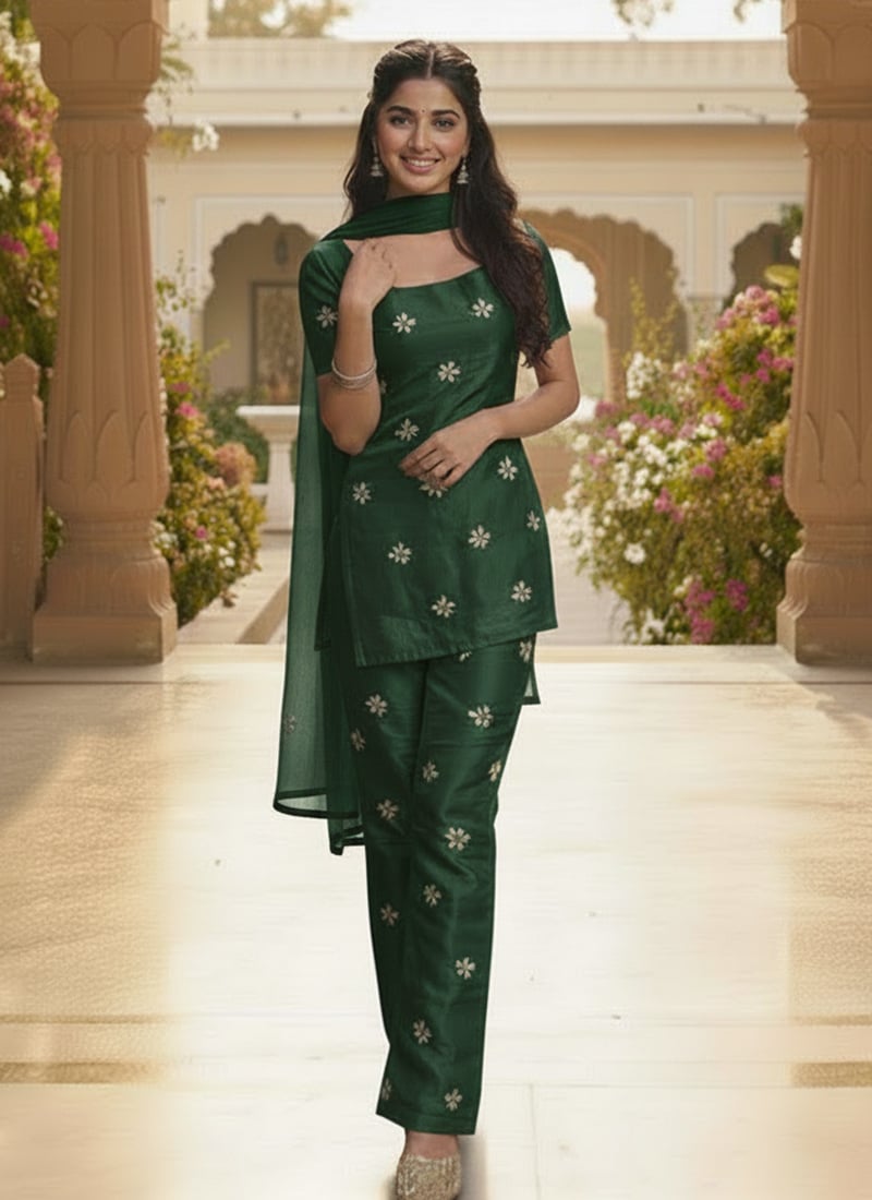 Green Silk Hand Embroidered Straight Pant Suit Festive Wear