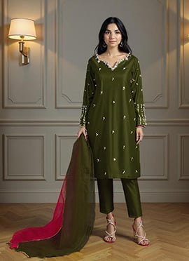 Green Silk Hand Embroidered With Stone Work Straight Pant Suit