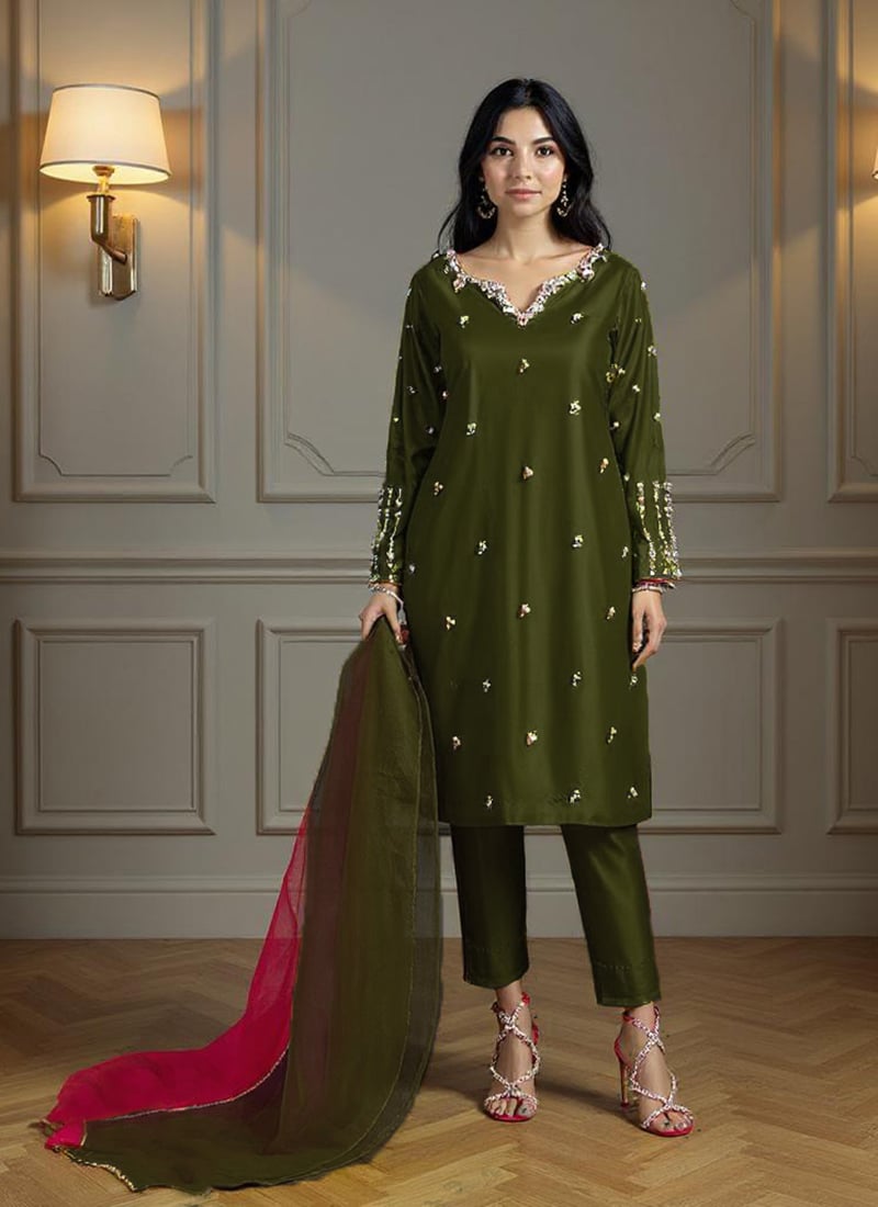 Green Silk Hand Embroidered With Stone Work Straight Pant Suit