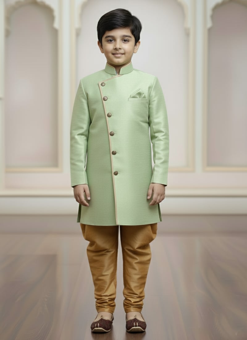 Green Silk Indowestern Sherwani Kids Boys Festive Wear