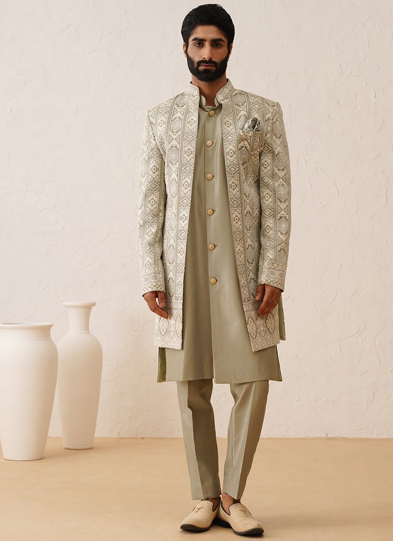 Green Silk Indowestern Sherwani With Elegant Embroidery Sequins Wedding Wear