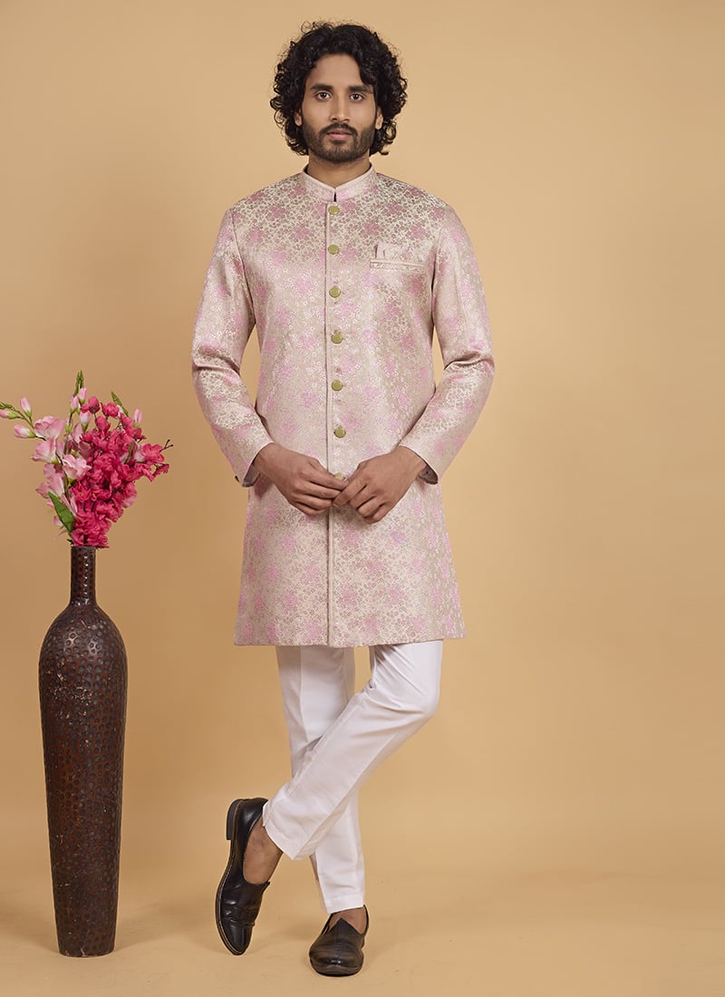 Green Silk Jacquard Indowestern Sherwani Wedding Wear