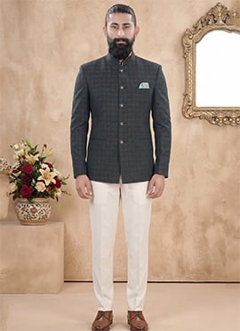 Green Silk Jacquard Jodhpuri Suit For Men
