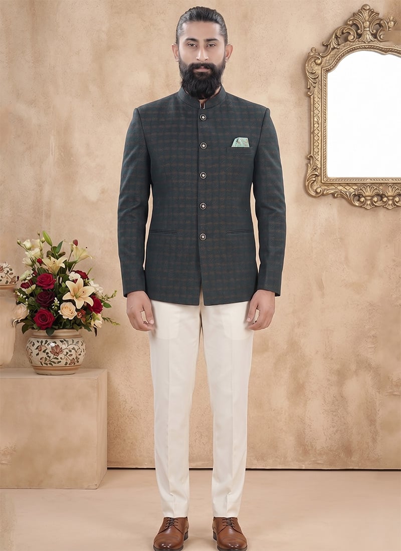 Green Silk Jacquard Jodhpuri Suit For Men After Six Wear