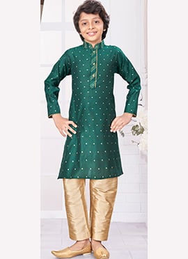 Green Silk Jacquard Kids Boys Kurta Pyjama