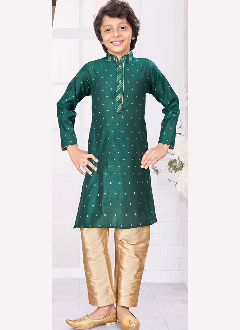 Green Silk Jacquard Kids Boys Kurta Pyjama Festive Wear