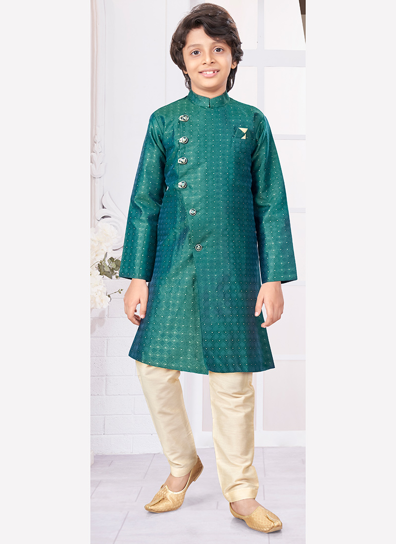 Green Silk Jacquard Kurta Pyjama For Young Kids Boys Party Wear