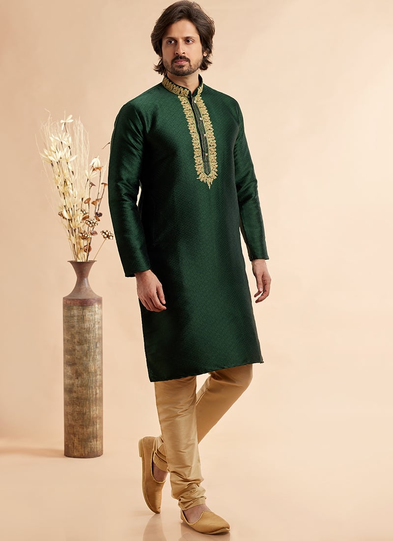 Green Silk Jacquard Kurta Pyjama Festive Wear