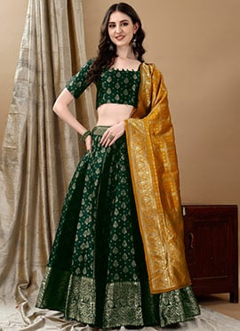 Green Silk Jacquard Lehenga Choli For Traditional