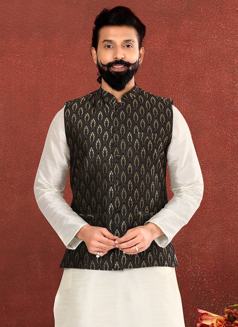 Green Silk Jacquard Nehru jacket