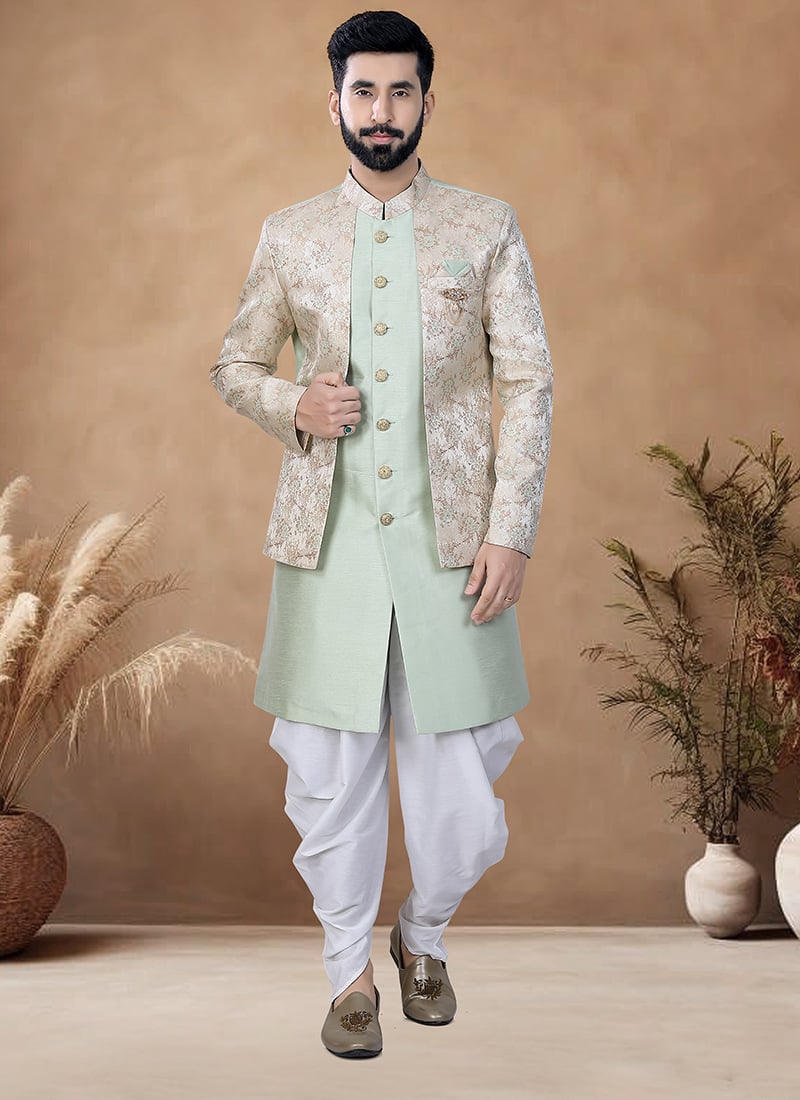 Green Silk Jacquard Print Indowestern Sherwani Wedding Wear