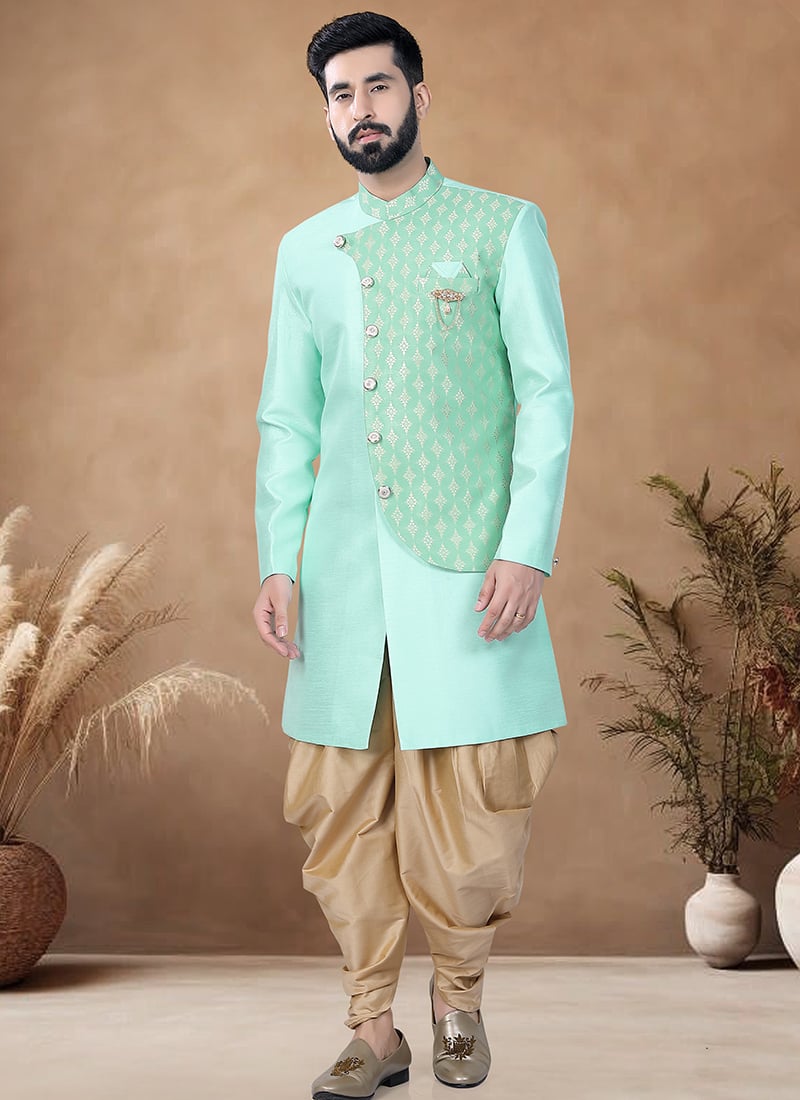 Green Silk Jacquard Print Indowestern Sherwani Wedding Wear