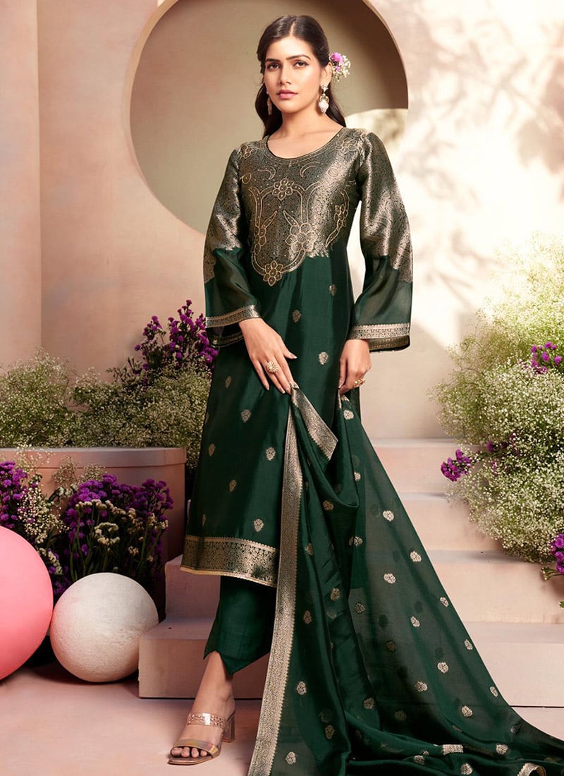 Green Silk Jacquard Straight Pant Suit Festive Wear