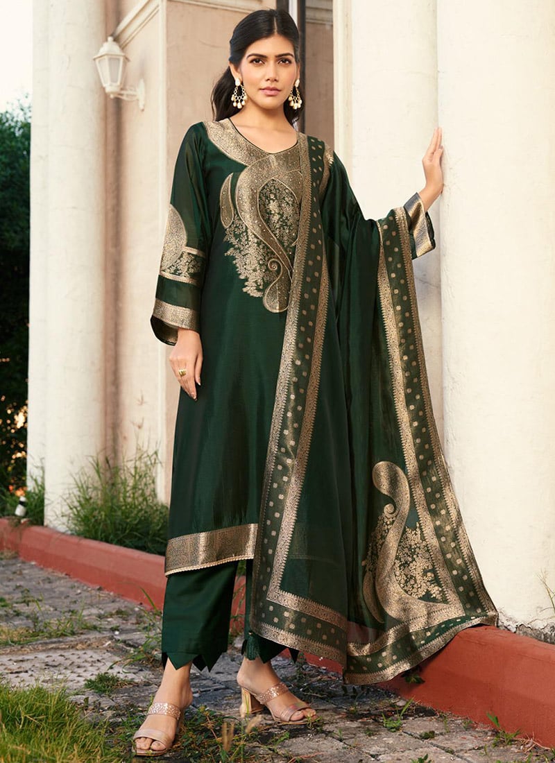 Green Silk Jacquard Straight Pant Suit Festive Wear