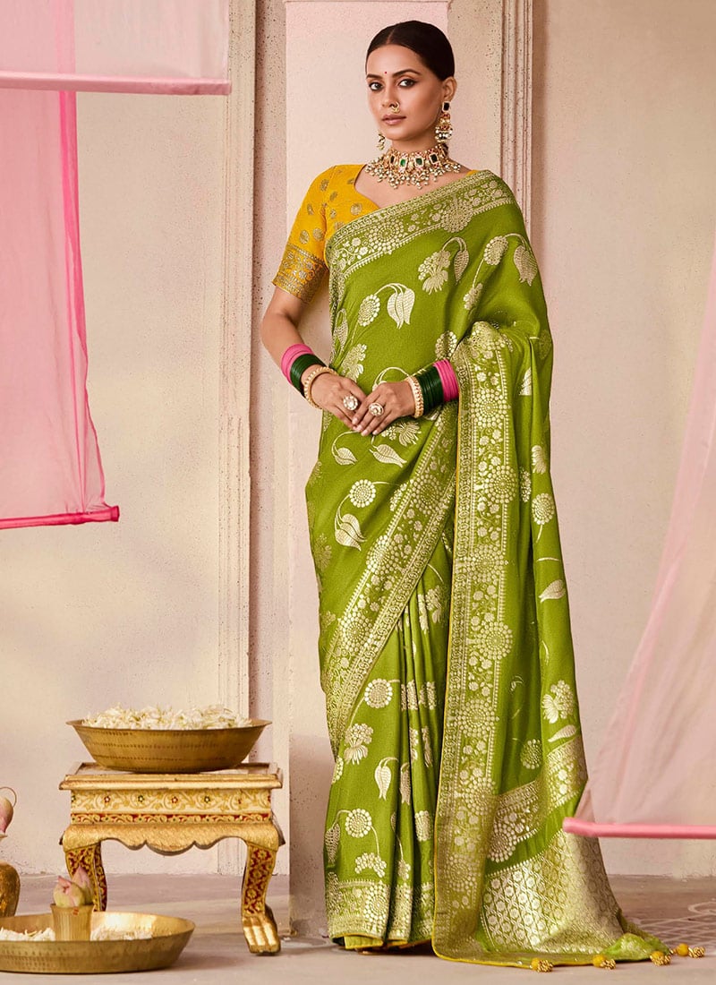 Green Silk Jacquard Woven Saree Festive Wear