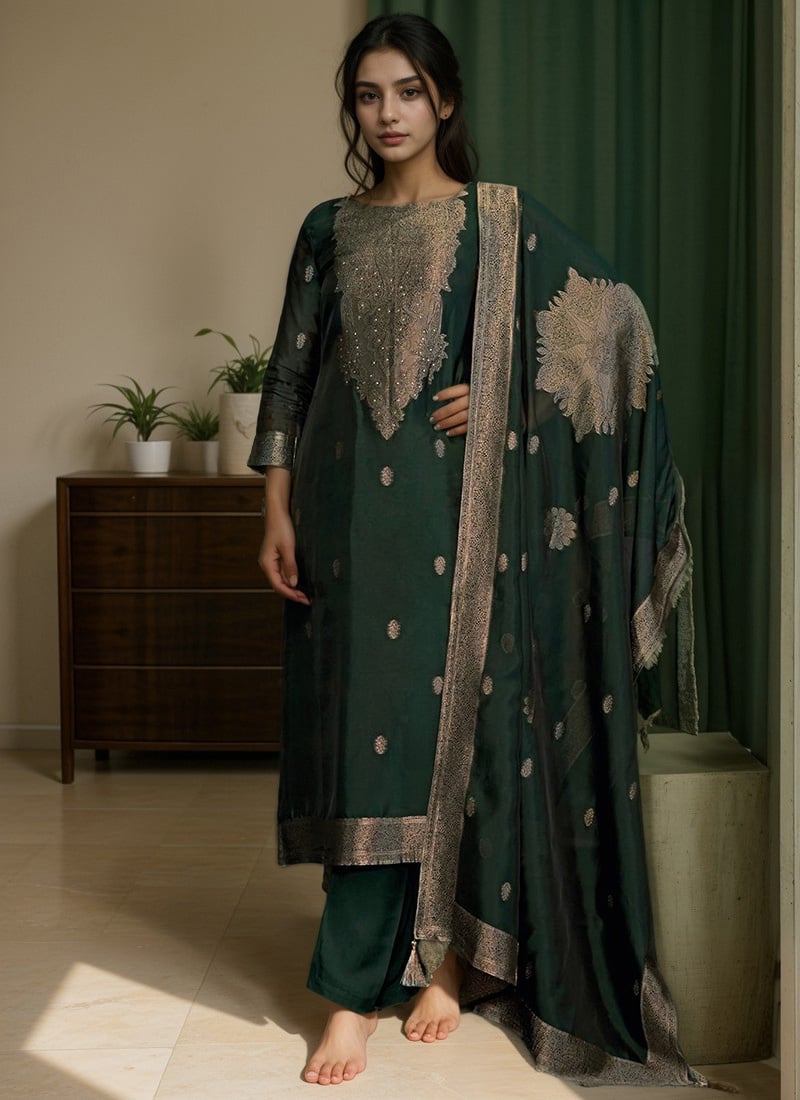 Green Silk Jacquard Woven Straight Pant Suit Festive Wear