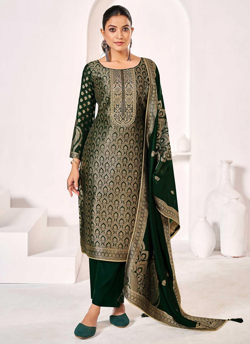 Green Silk Jacquard Woven Straight Pant Suit Festive Wear