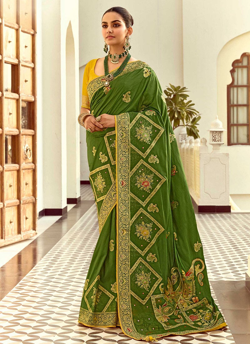 Green Silk Jacquard Zari Embroidered Beads And Mirror Work Saree Wedding Wear-SASCC39251530