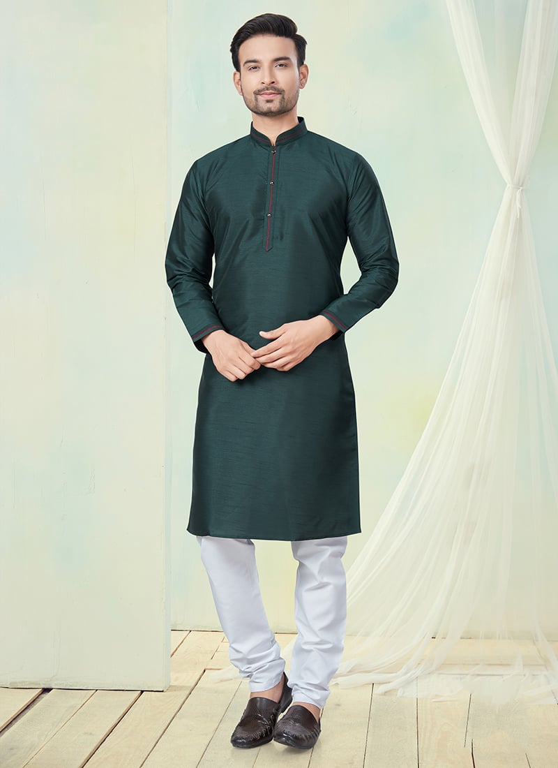 Green Silk Kurta Pyjama For Men Festive Wear