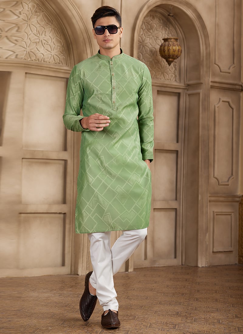 Green Silk Kurta Pyjama Festive Wear