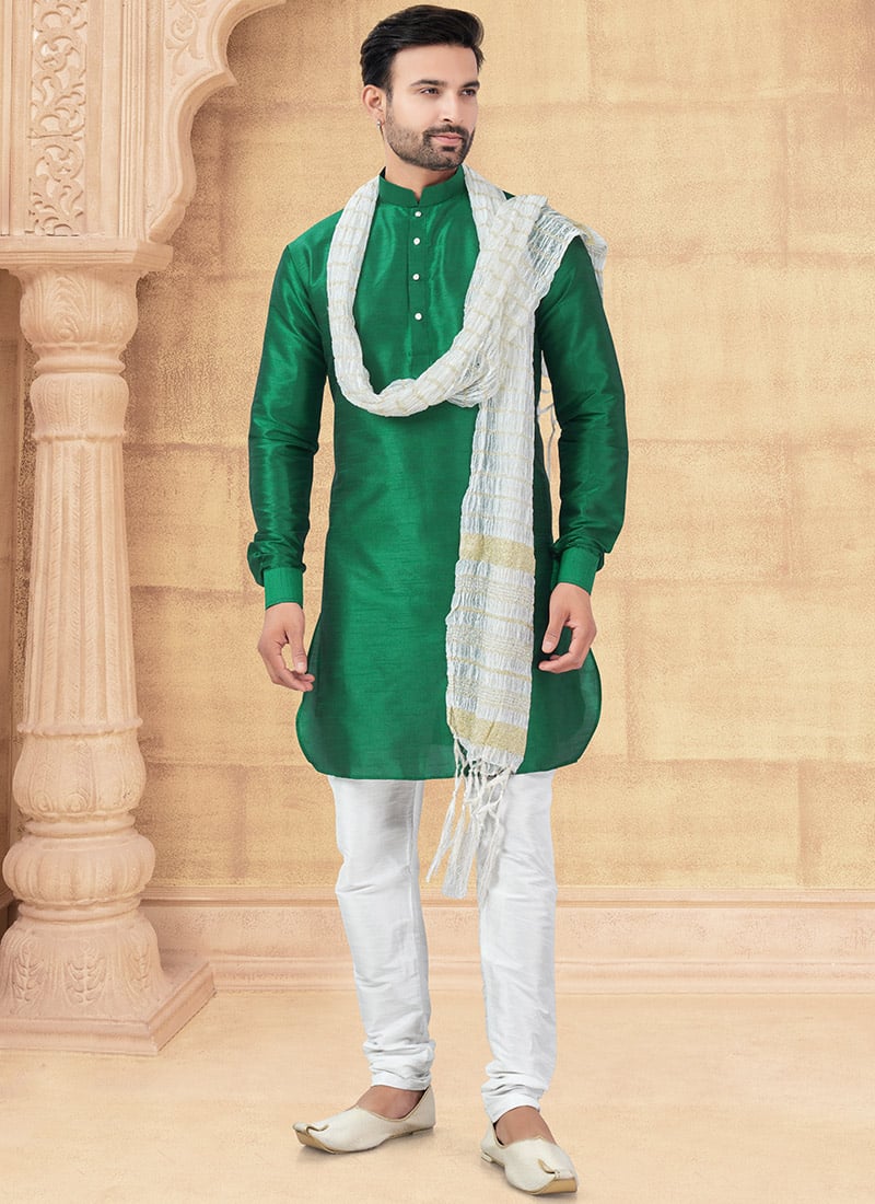 Green Silk Kurta Pyjama Festive Wear